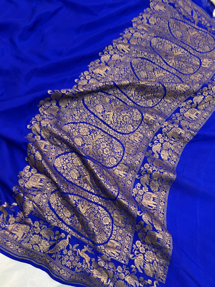 Royal Blue Pure Crepe Silk Handloom Banarasi Saree