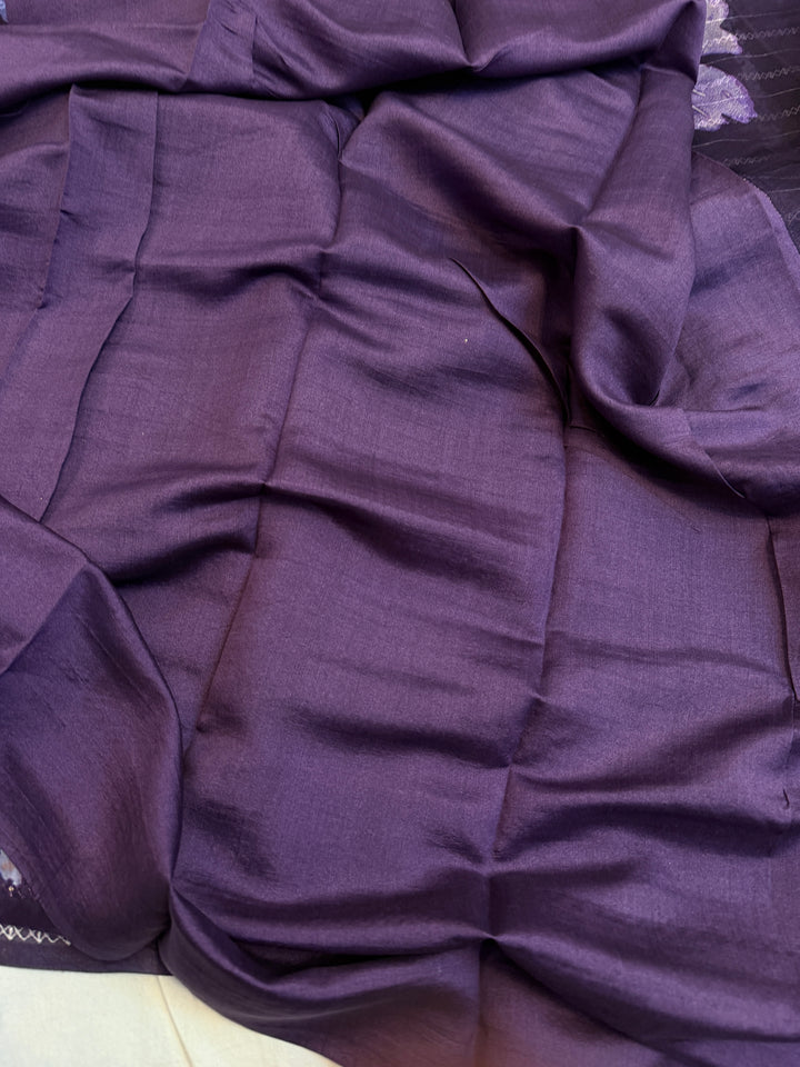 Purple Banarasi Kora Silk Saree with Print & Sequin Embroidery