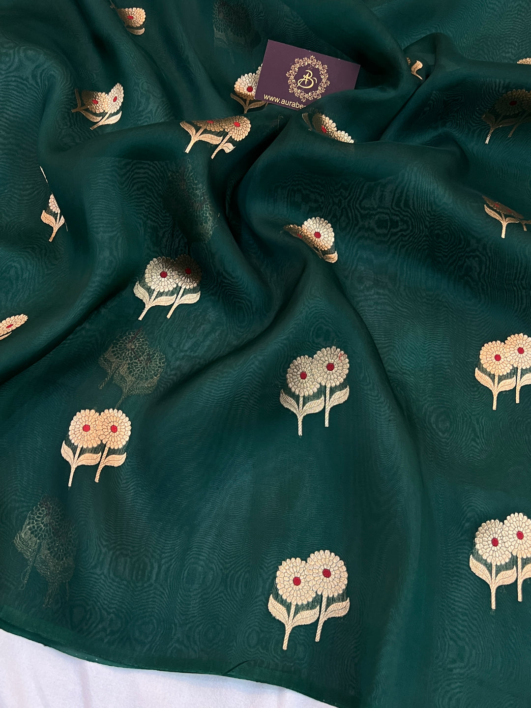 Bottle Green Pure Kora Silk Handloom Banarasi Saree