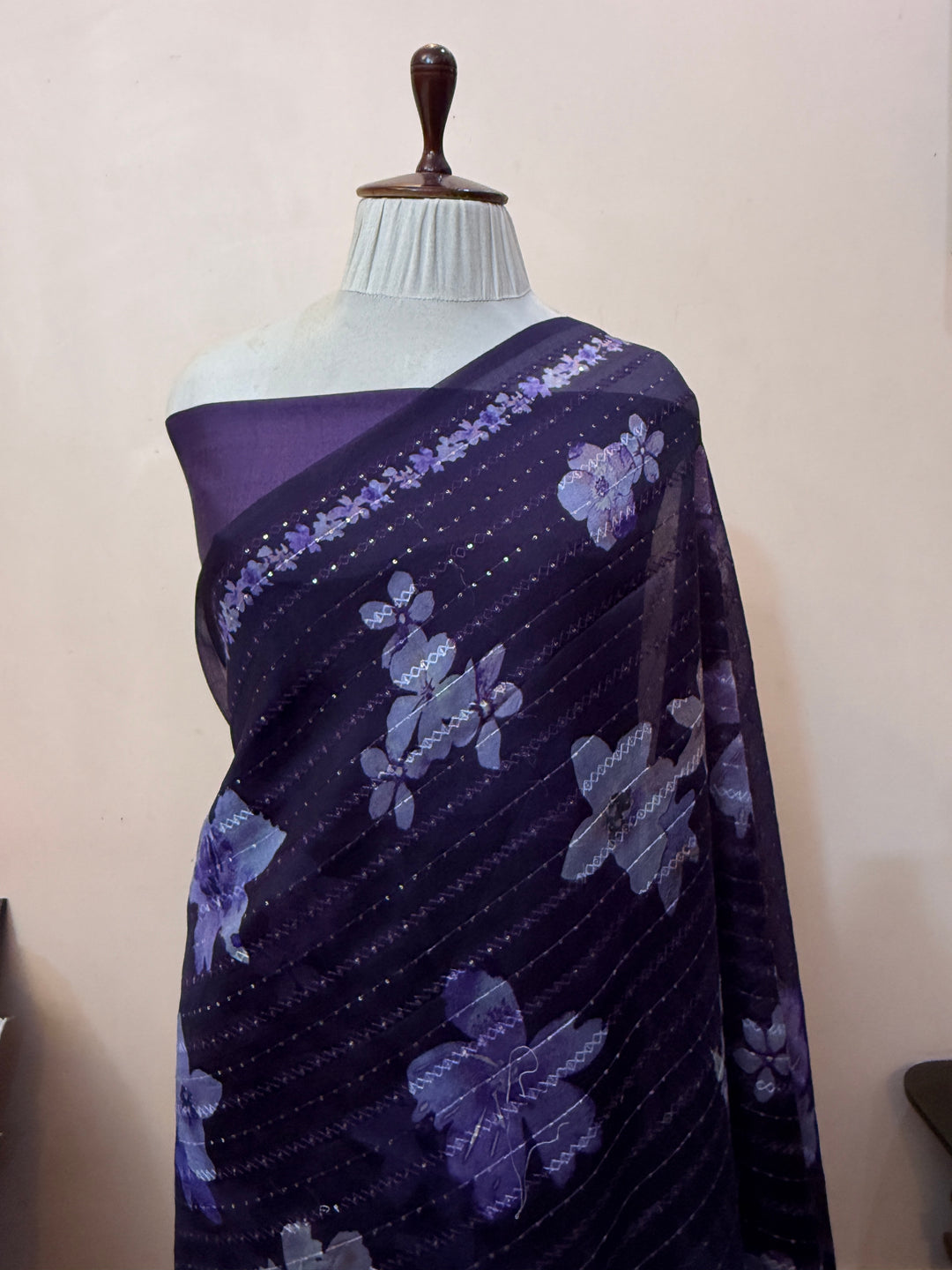 Purple Banarasi Kora Silk Saree with Print & Sequin Embroidery