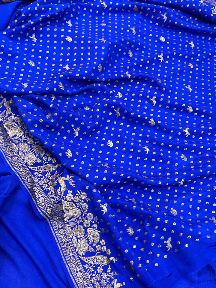 Royal Blue Pure Crepe Silk Handloom Banarasi Saree