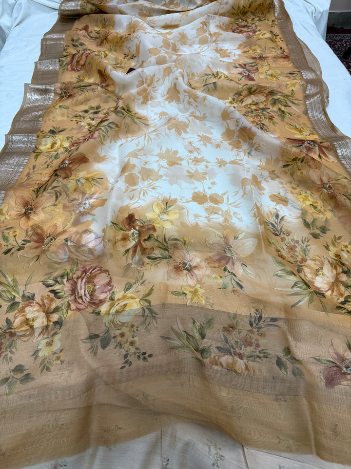 Beige Pure Kora Silk Handloom Banarasi Saree