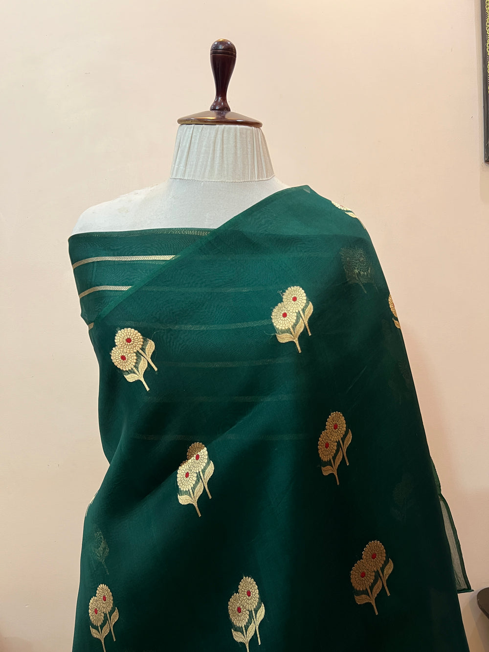 Bottle Green Pure Kora Silk Handloom Banarasi Saree