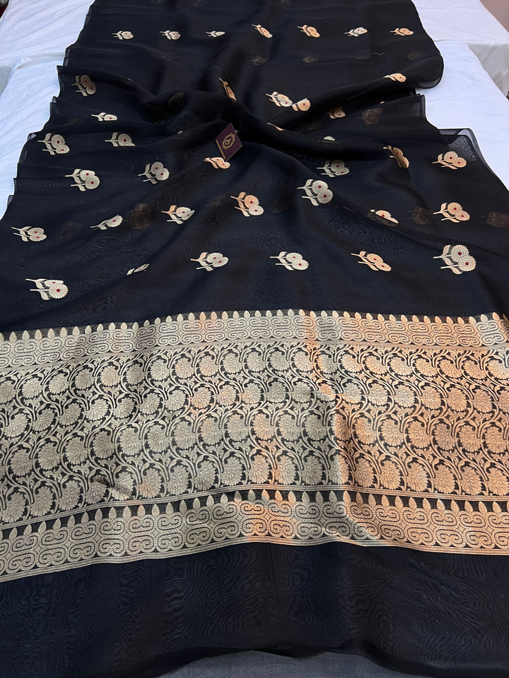 Black Pure Kora Silk Handloom Banarasi Saree