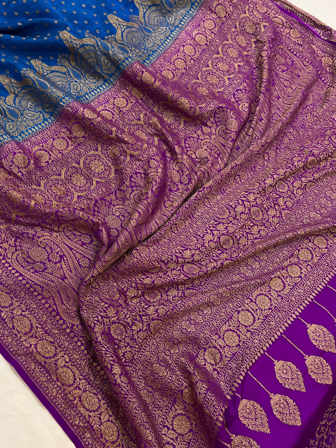 Peacock blue Pure Banarasi Khaddi Crepe Silk Saree - Aura Benaras
