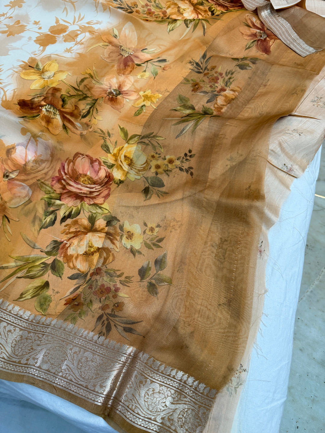 Beige Pure Kora Silk Handloom Banarasi Saree