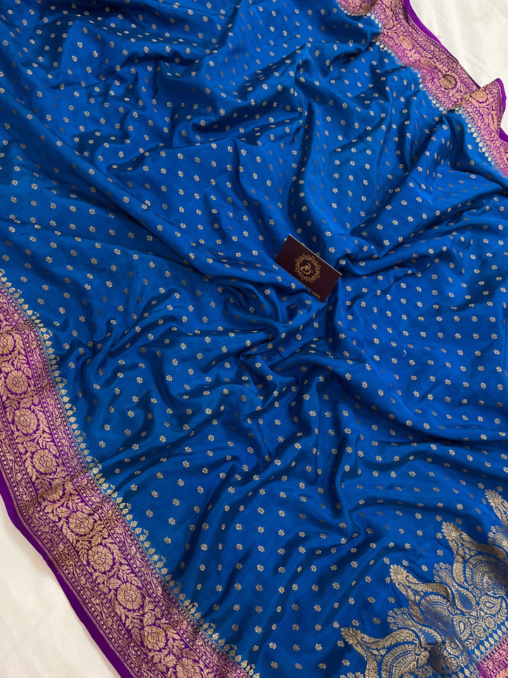 Peacock blue Pure Banarasi Khaddi Crepe Silk Saree - Aura Benaras