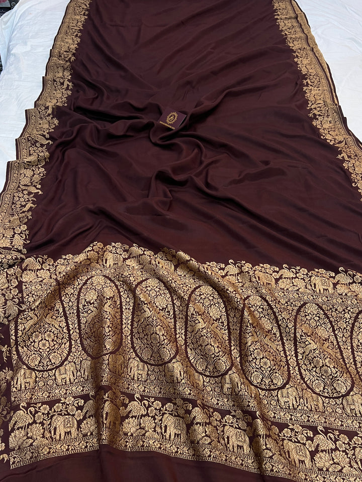 Coffee Brown Pure Crepe Silk Handloom Banarasi Saree
