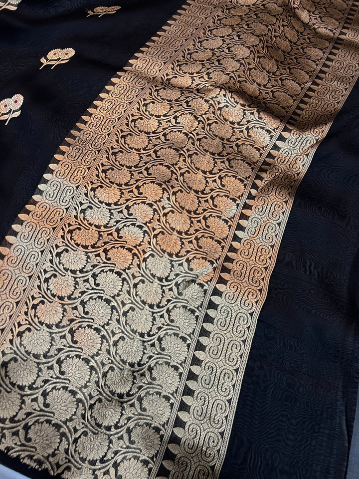 Black Pure Kora Silk Handloom Banarasi Saree