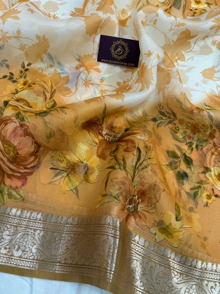 Beige Pure Kora Silk Handloom Banarasi Saree