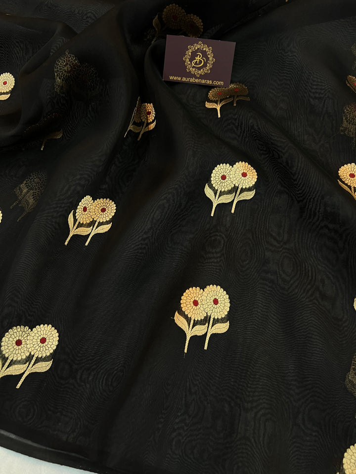 Black Pure Kora Silk Handloom Banarasi Saree