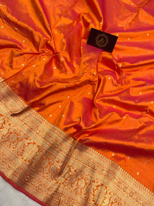 Fire Orange Pure Banarasi Handloom Katan Silk Saree - Aura Benaras