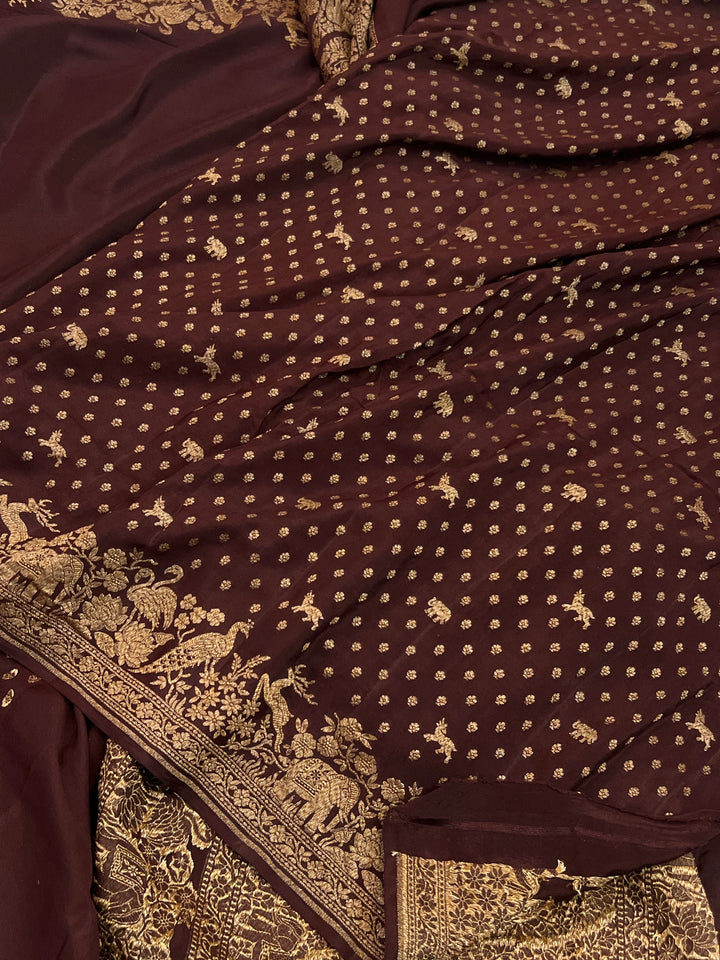 Coffee Brown Pure Crepe Silk Handloom Banarasi Saree