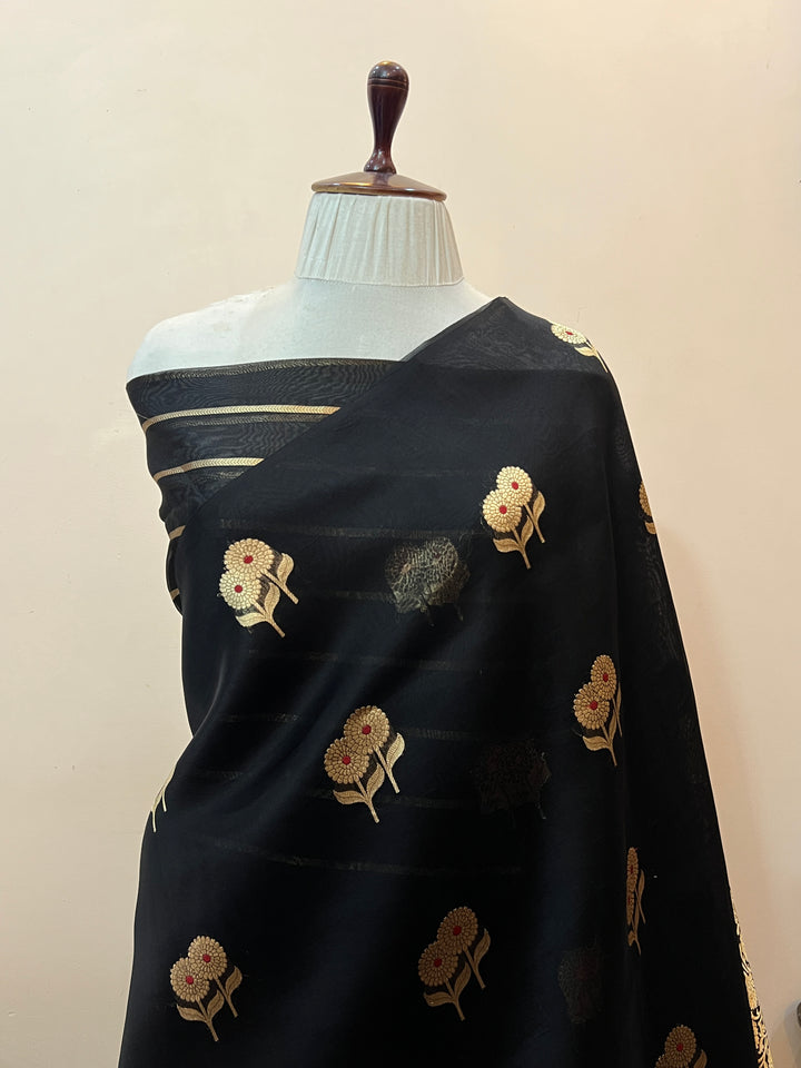 Black Pure Kora Silk Handloom Banarasi Saree
