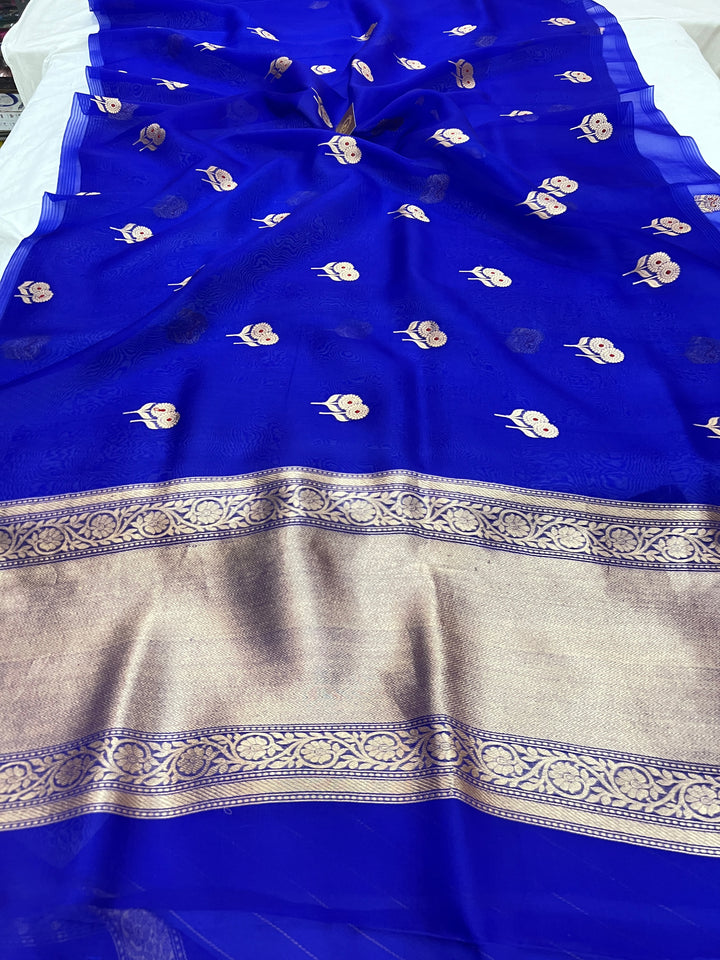 Royal Blue Pure Kora Silk Handloom Banarasi Saree