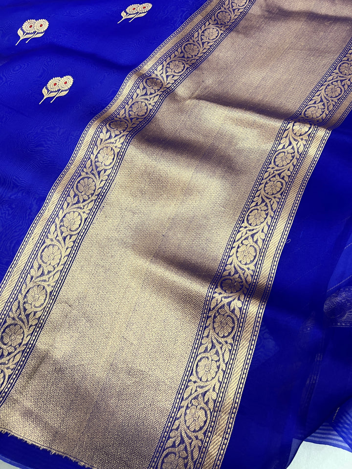 Royal Blue Pure Kora Silk Handloom Banarasi Saree