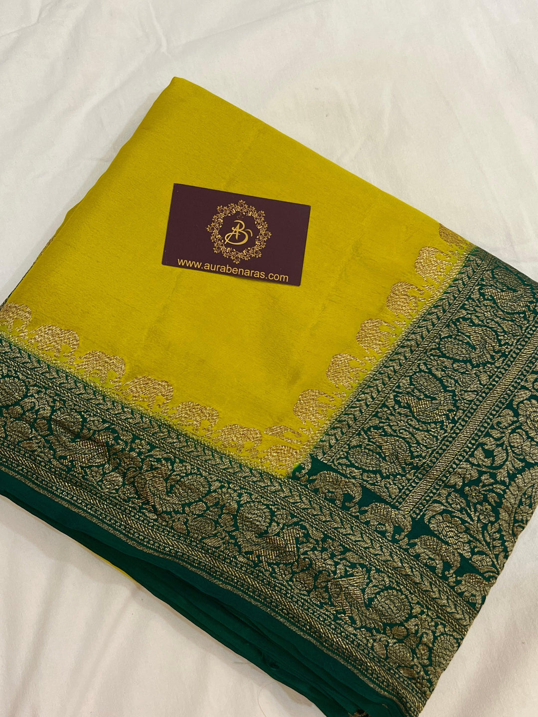 Neon Green Pure Banarasi Khaddi Crepe Silk Saree - Aura Benaras