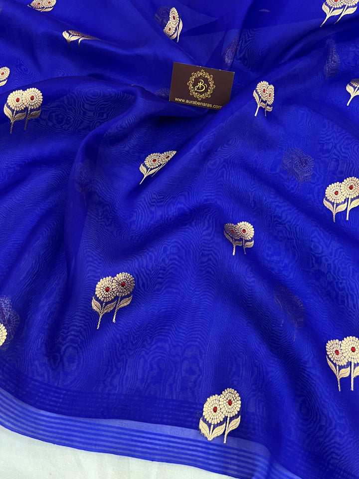 Royal Blue Pure Kora Silk Handloom Banarasi Saree