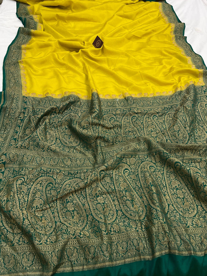 Neon Green Pure Banarasi Khaddi Crepe Silk Saree - Aura Benaras