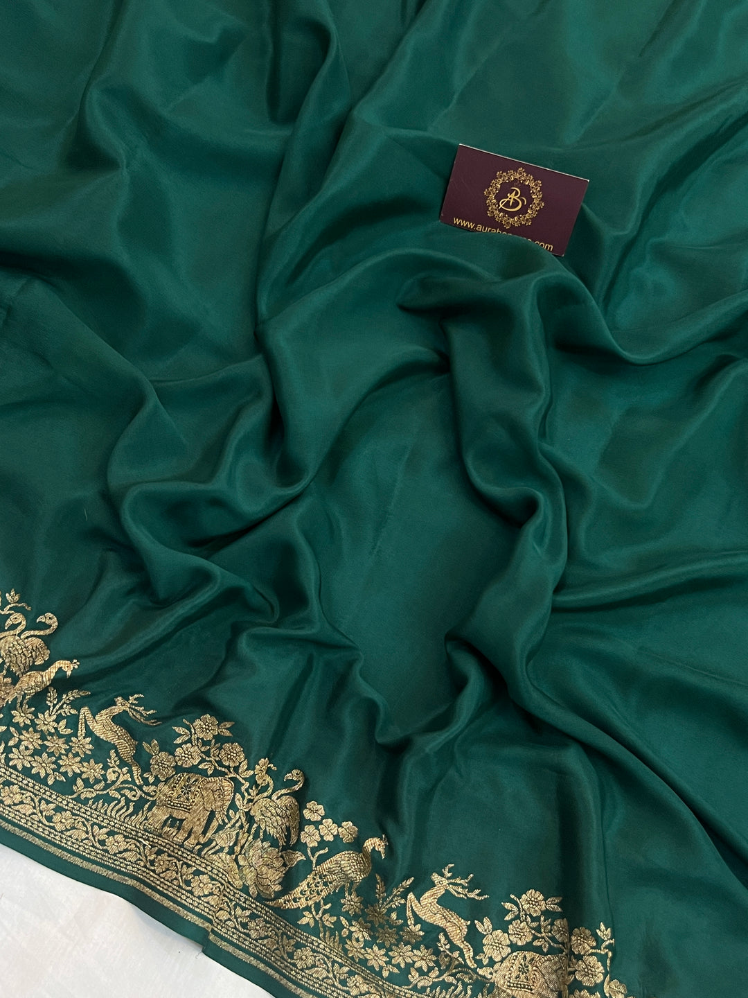 Bottle Green Pure Crepe Silk Handloom Banarasi Saree