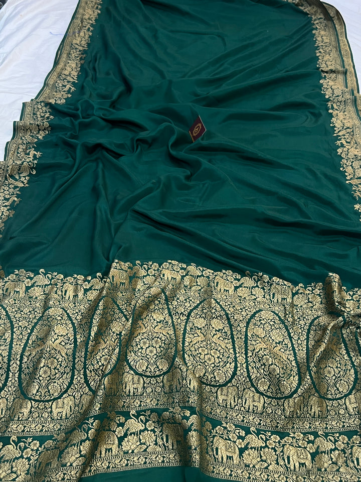 Bottle Green Pure Crepe Silk Handloom Banarasi Saree