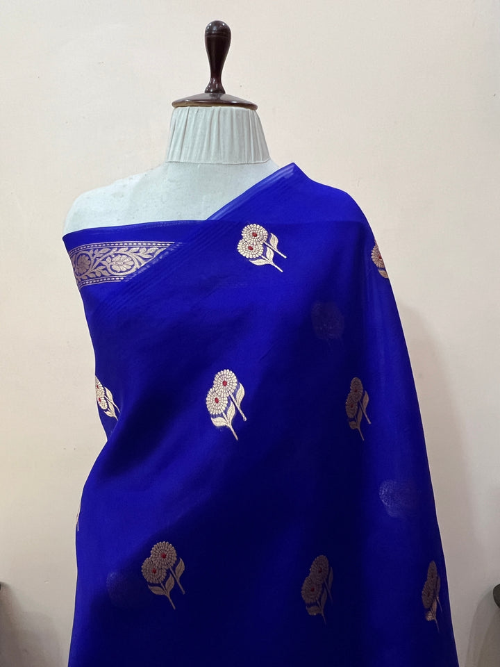 Royal Blue Pure Kora Silk Handloom Banarasi Saree