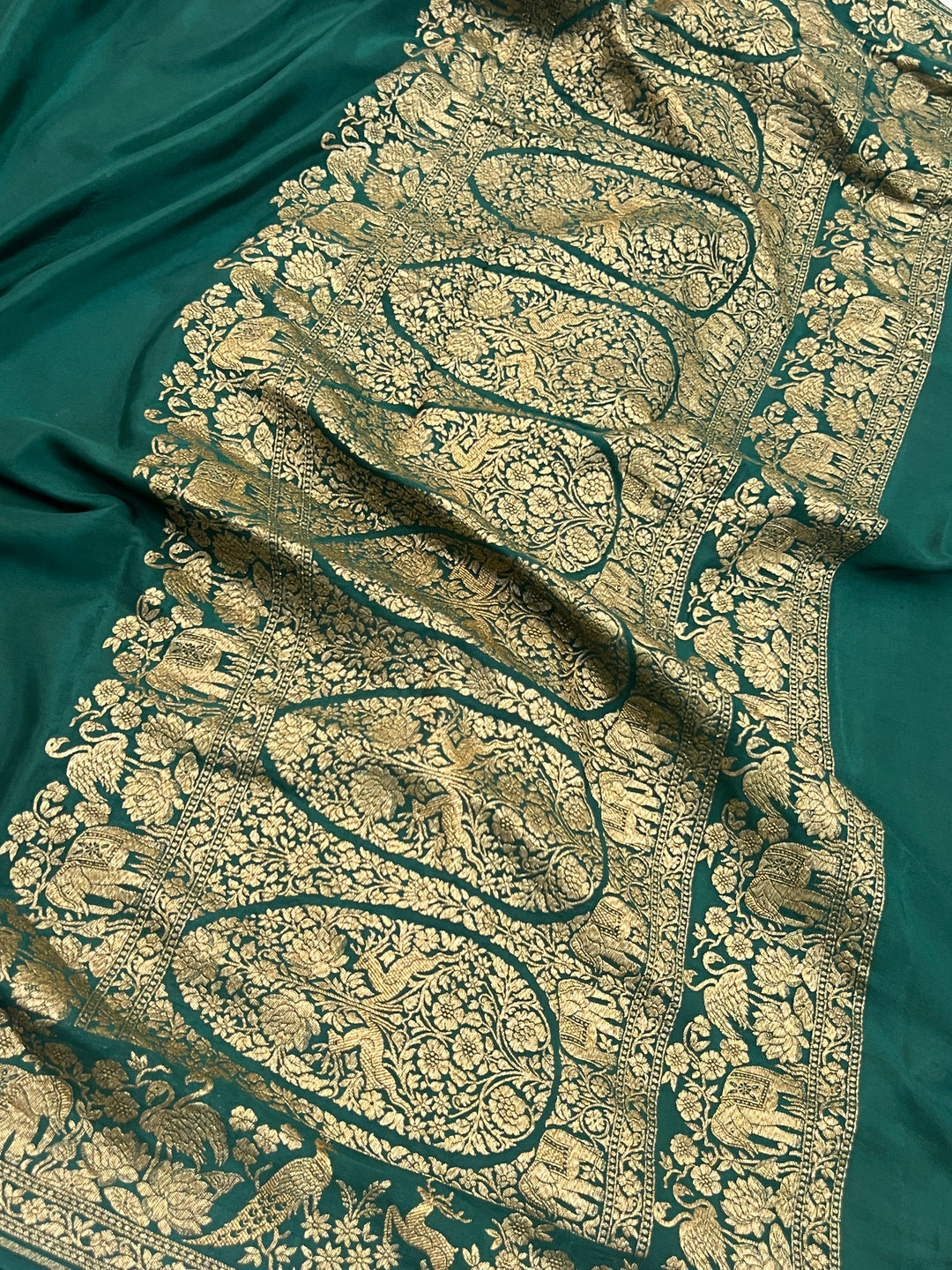 Bottle Green Pure Crepe Silk Handloom Banarasi Saree