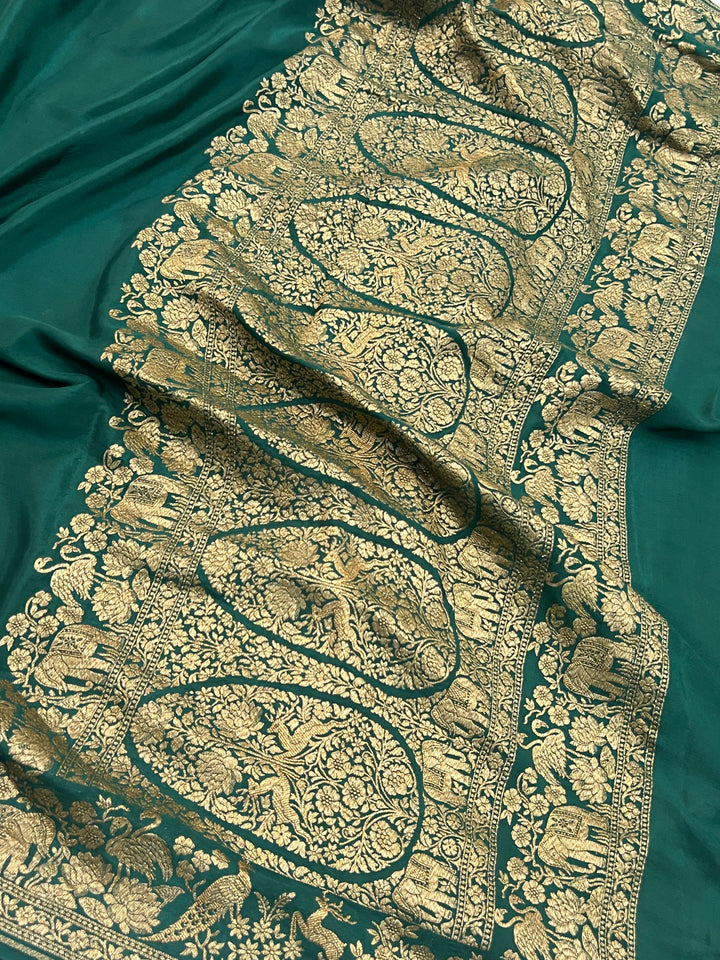 Bottle Green Pure Crepe Silk Handloom Banarasi Saree