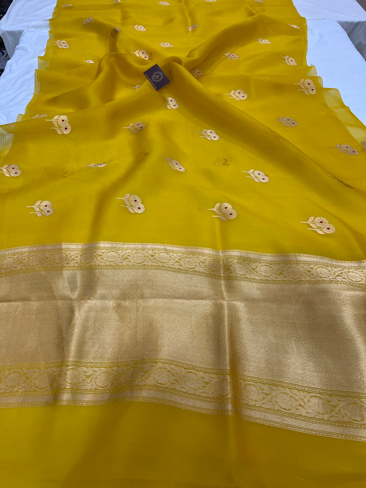 Yellow Pure Kora Silk Handloom Banarasi Saree