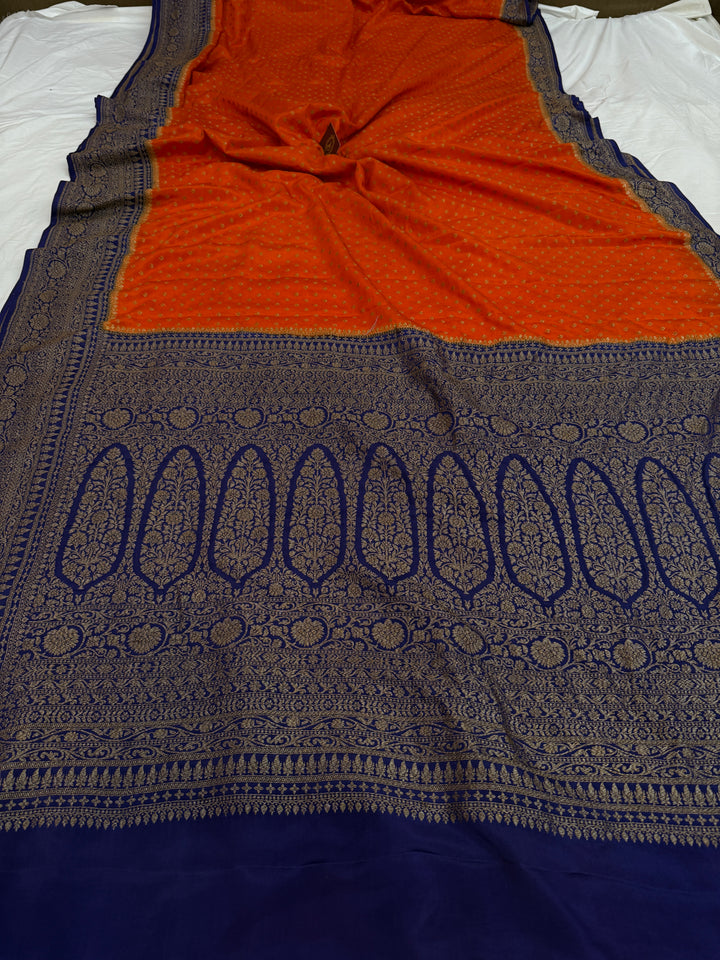 Orange Pure Crepe Silk Handloom Banarasi Saree