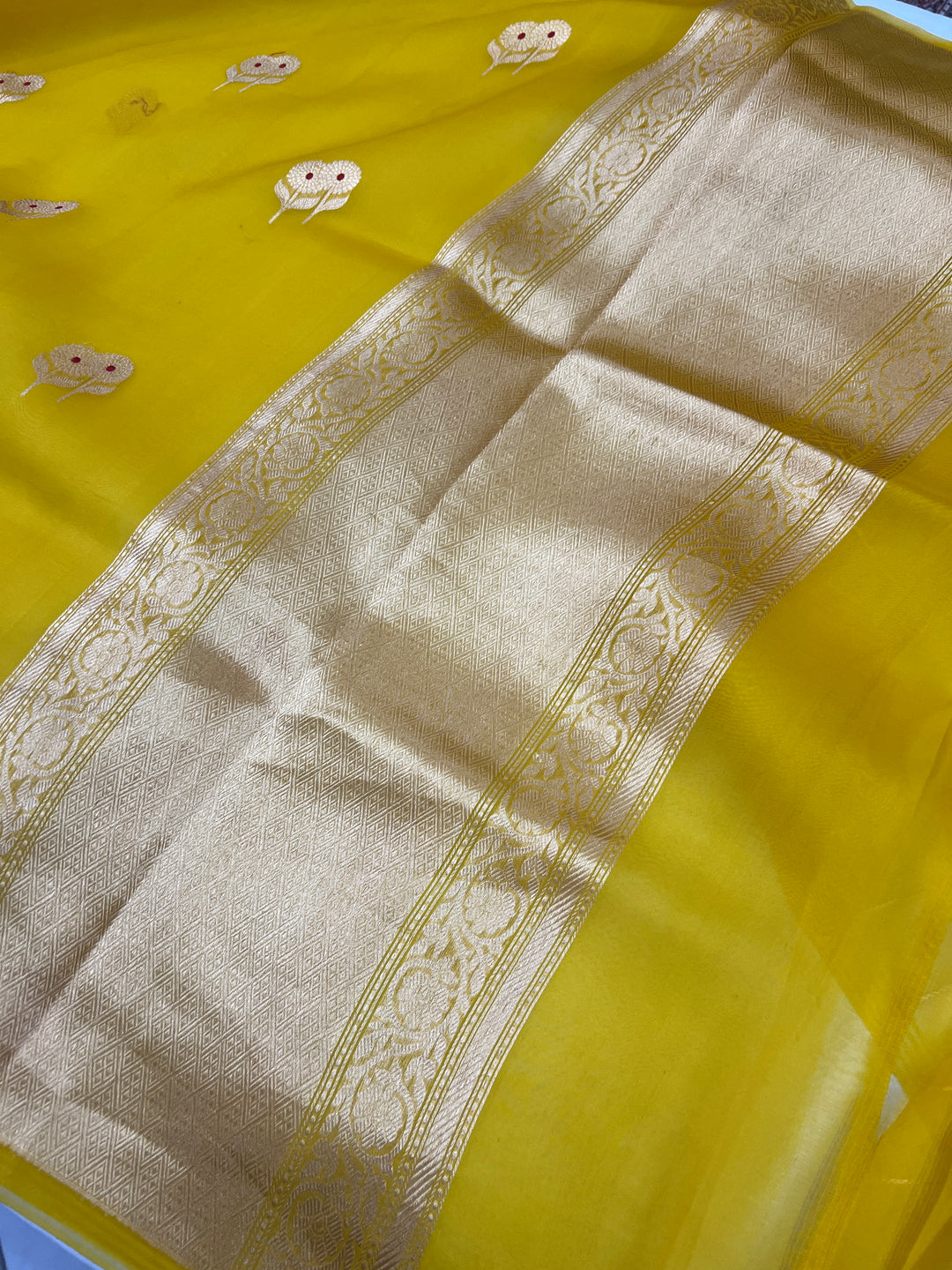Yellow Pure Kora Silk Handloom Banarasi Saree