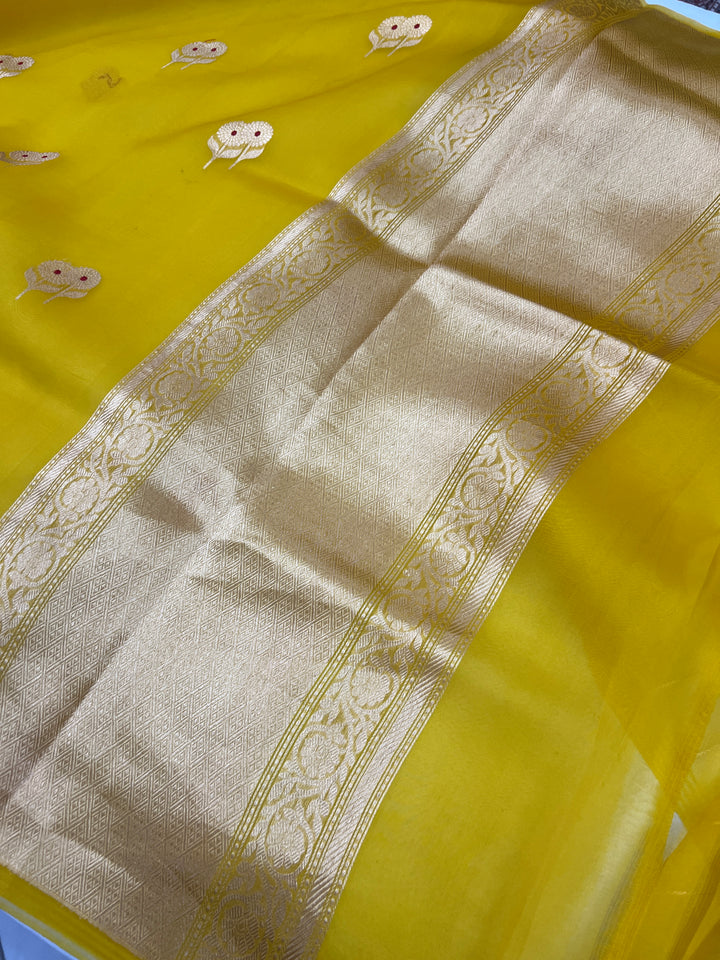 Yellow Pure Kora Silk Handloom Banarasi Saree