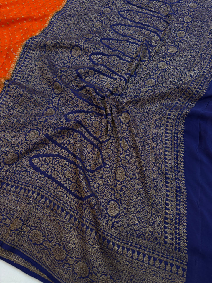 Orange Pure Crepe Silk Handloom Banarasi Saree