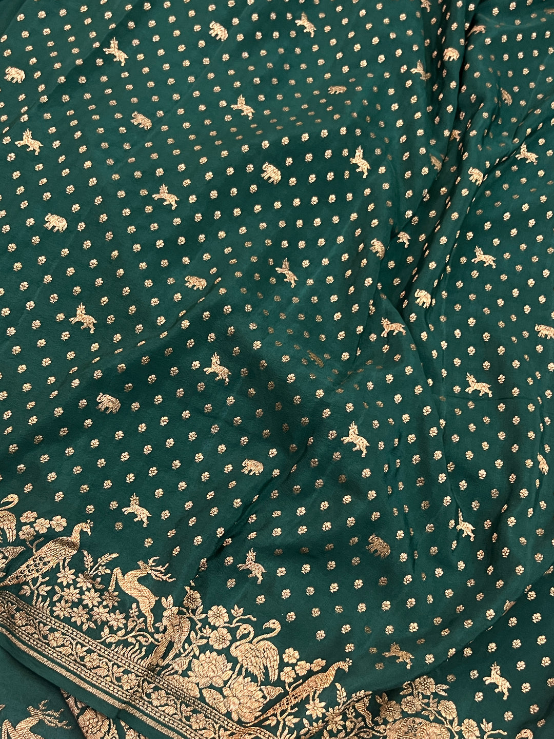 Bottle Green Pure Crepe Silk Handloom Banarasi Saree