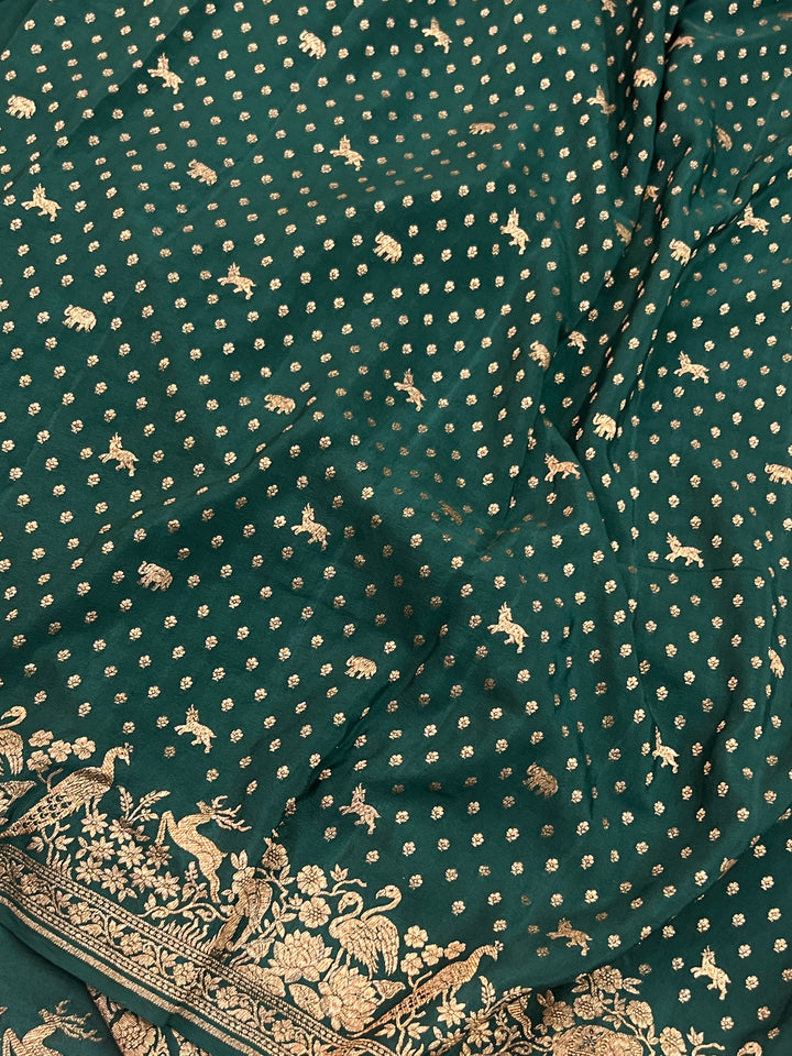 Bottle Green Pure Crepe Silk Handloom Banarasi Saree