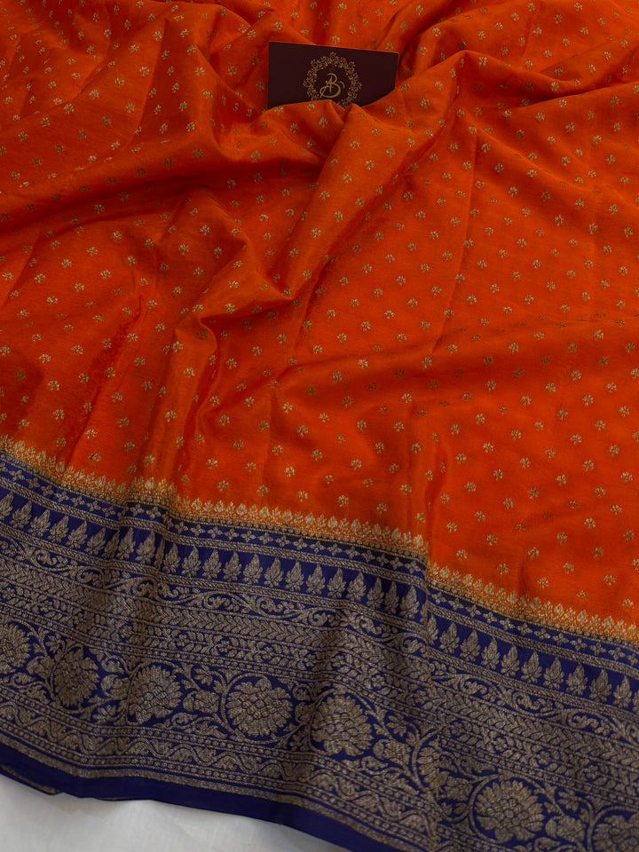 Orange Pure Crepe Silk Handloom Banarasi Saree