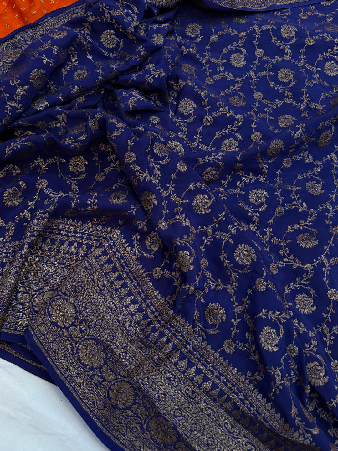 Orange Pure Crepe Silk Handloom Banarasi Saree