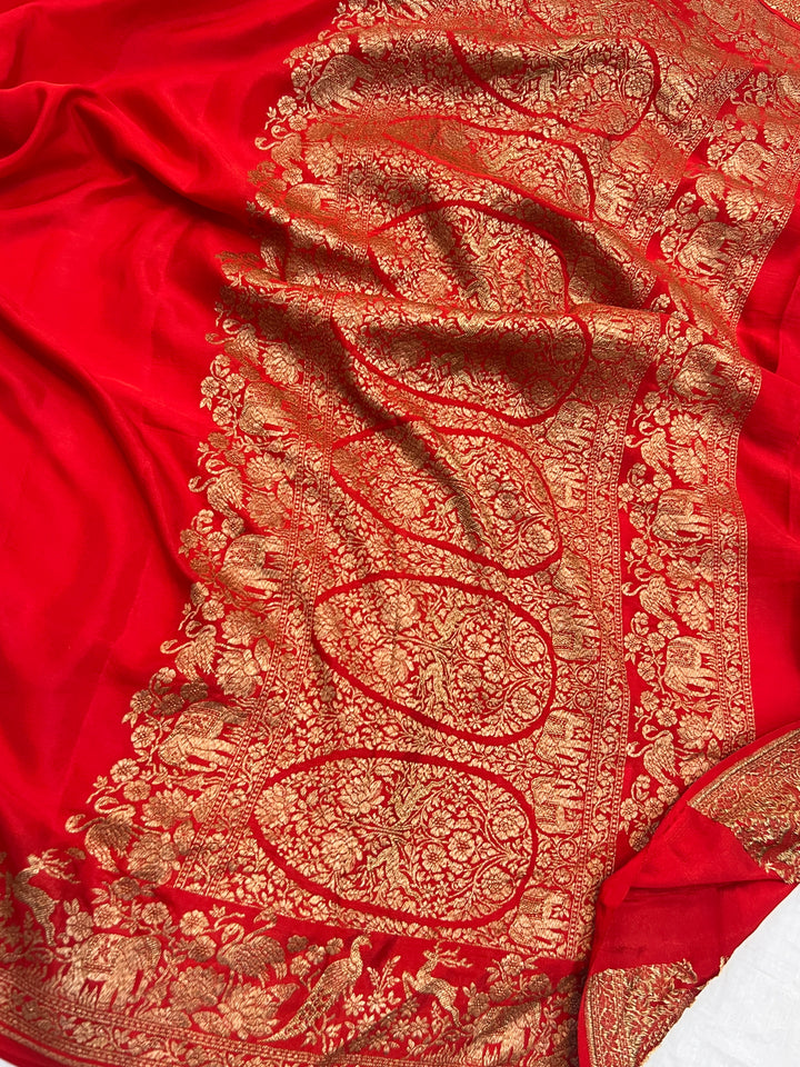 Red Pure Crepe Silk Handloom Banarasi Saree