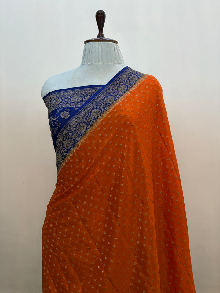 Orange Pure Crepe Silk Handloom Banarasi Saree