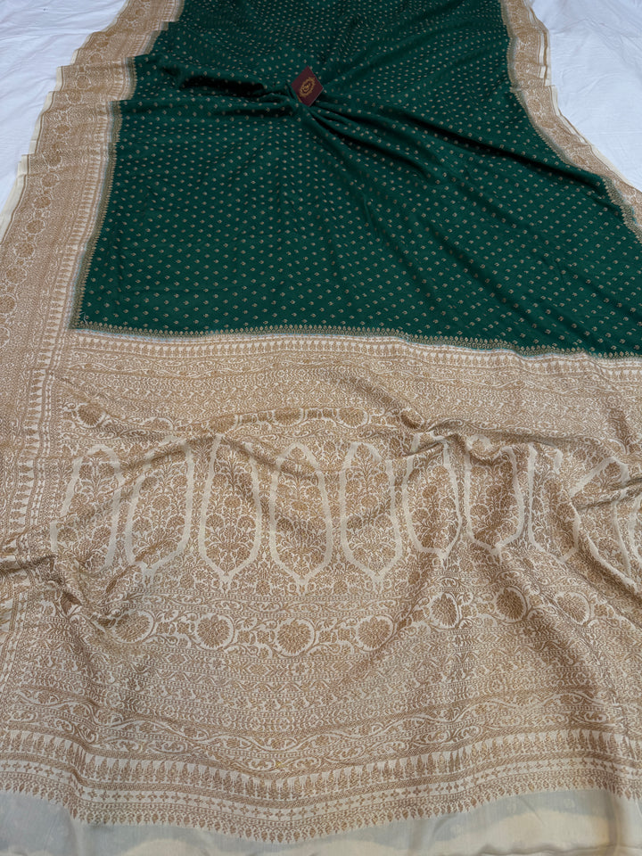 Bottle Green Pure Crepe Silk Handloom Banarasi Saree