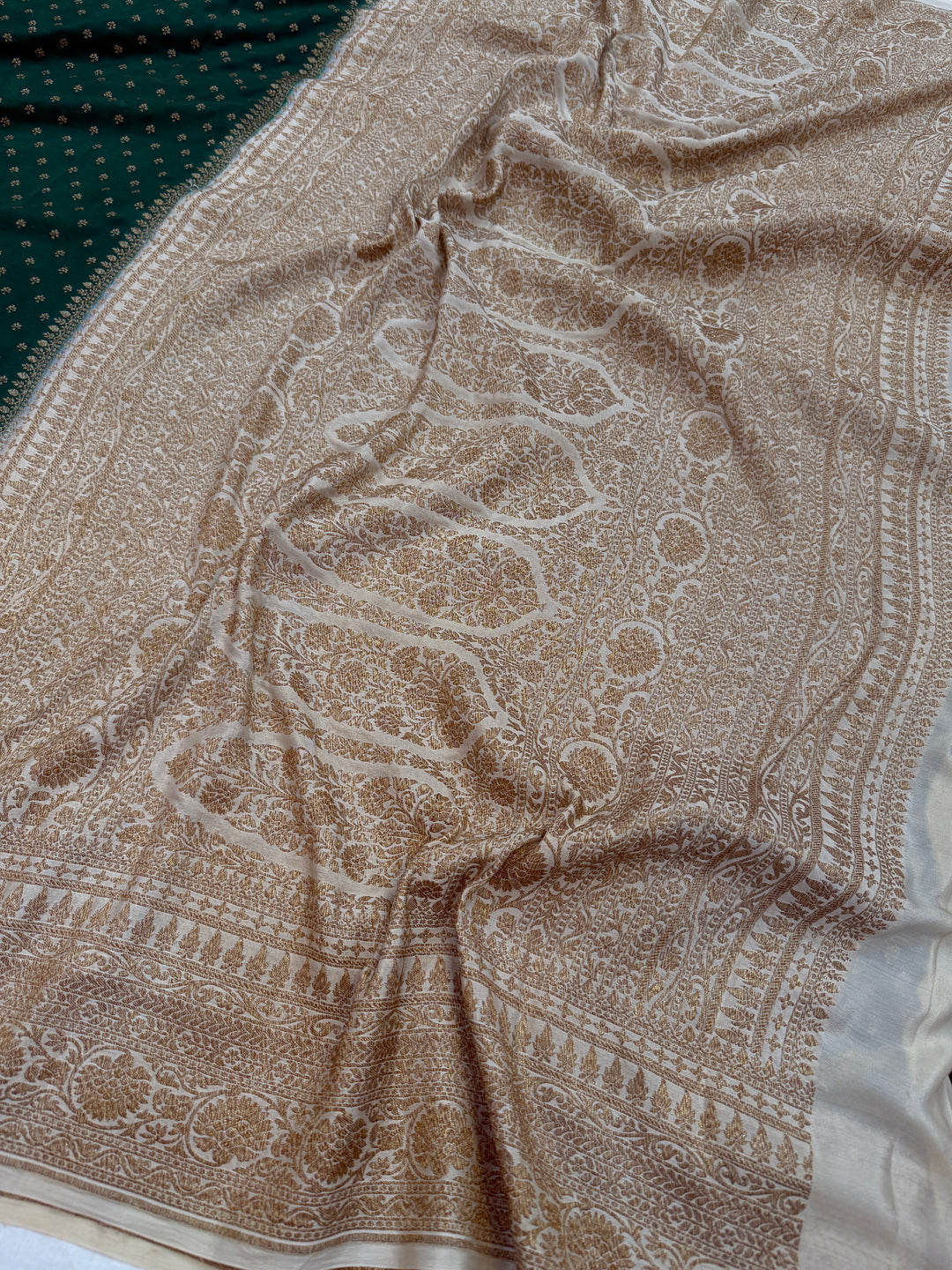 Bottle Green Pure Crepe Silk Handloom Banarasi Saree