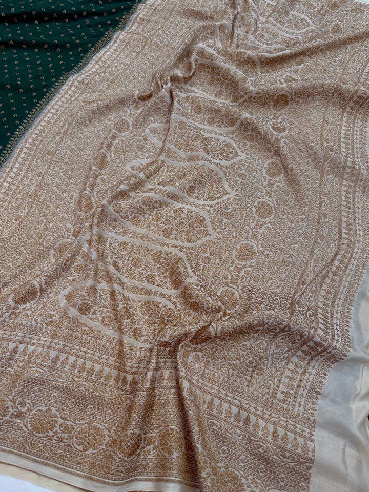 Bottle Green Pure Crepe Silk Handloom Banarasi Saree