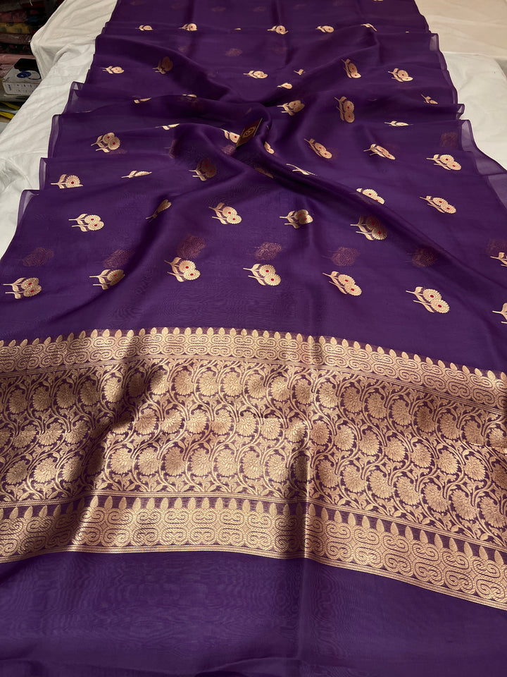 Purple Pure Kora Silk Handloom Banarasi Saree