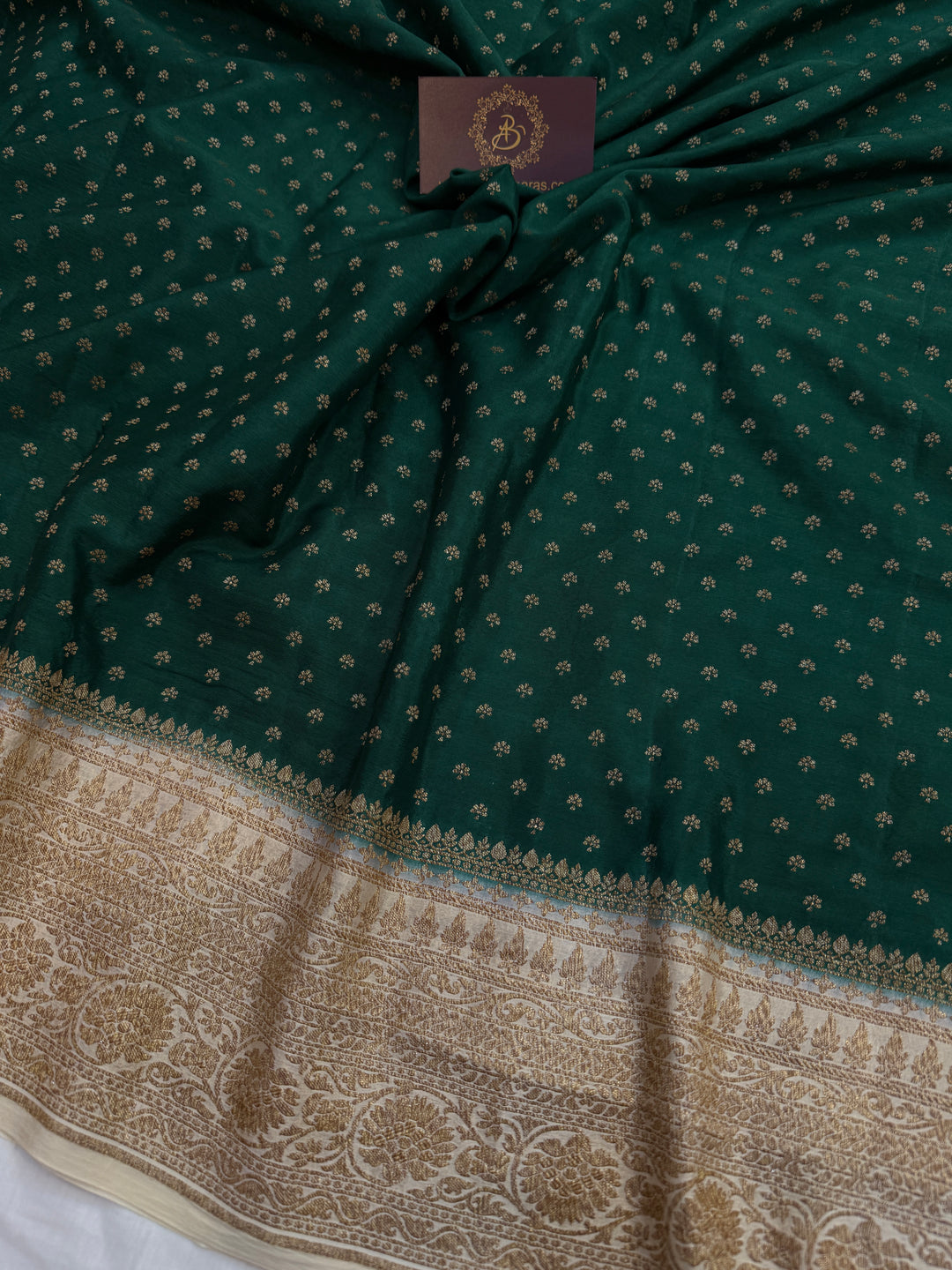 Bottle Green Pure Crepe Silk Handloom Banarasi Saree