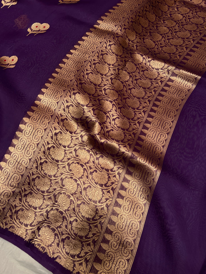 Purple Pure Kora Silk Handloom Banarasi Saree