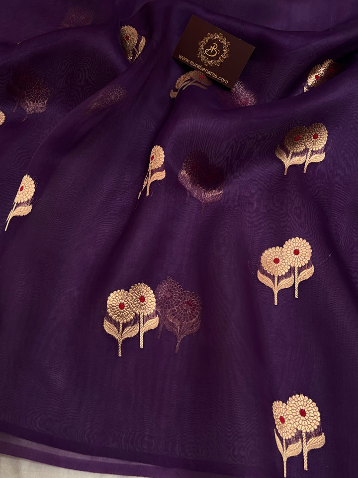 Purple Pure Kora Silk Handloom Banarasi Saree