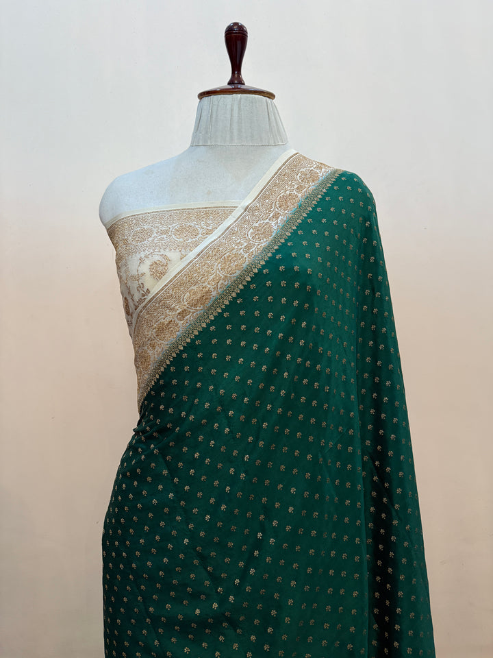 Bottle Green Pure Crepe Silk Handloom Banarasi Saree