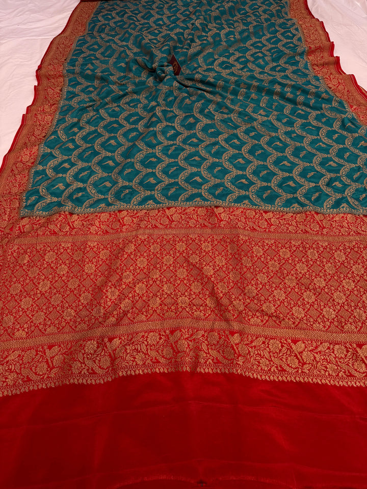 Rama Green Pure Crepe Silk Handloom Banarasi Saree