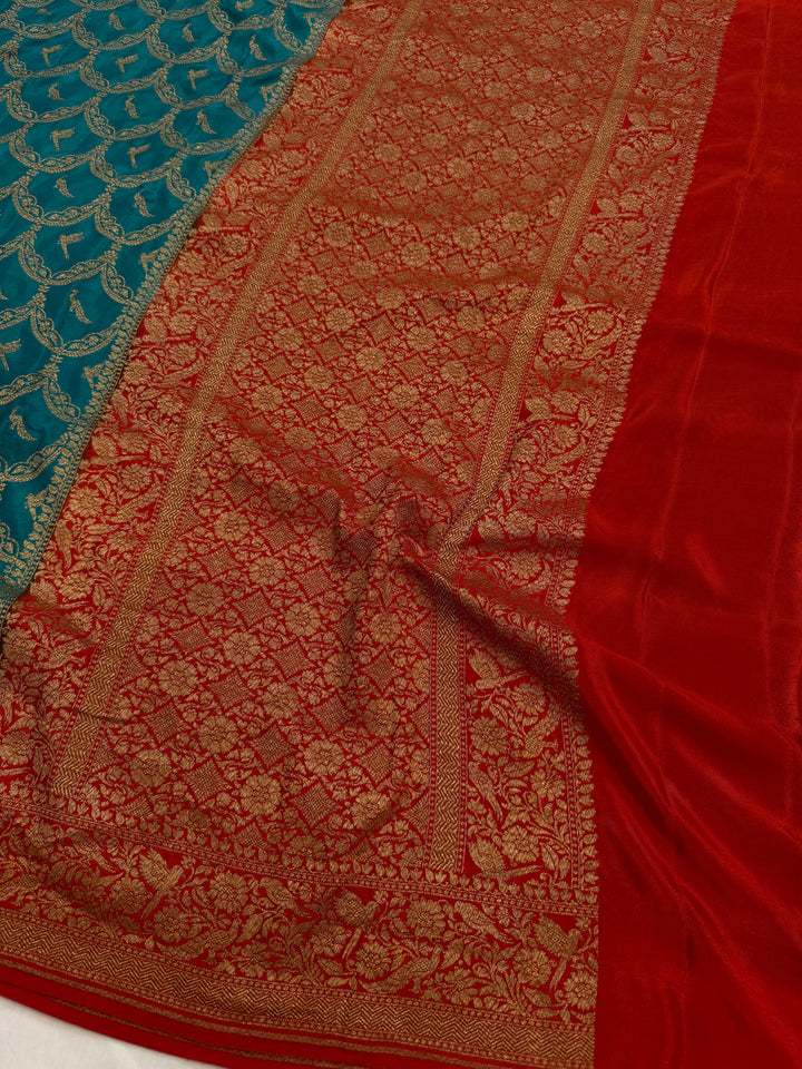 Rama Green Pure Crepe Silk Handloom Banarasi Saree