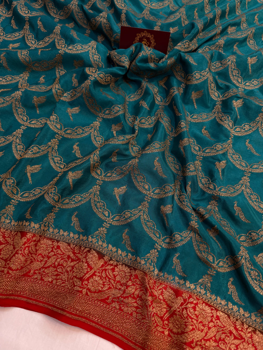 Rama Green Pure Crepe Silk Handloom Banarasi Saree